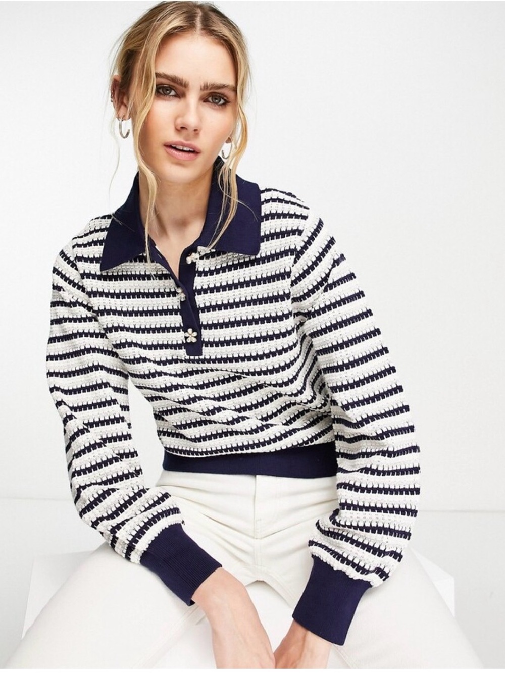 & other stories Womens Flower Button Stripe Knit Polo Sweater Small